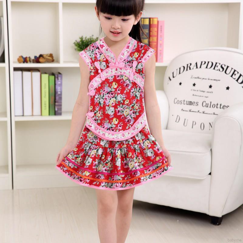 Set áo sát nách + chân váy họa tiết hoa phong cách truyền thống cho bé