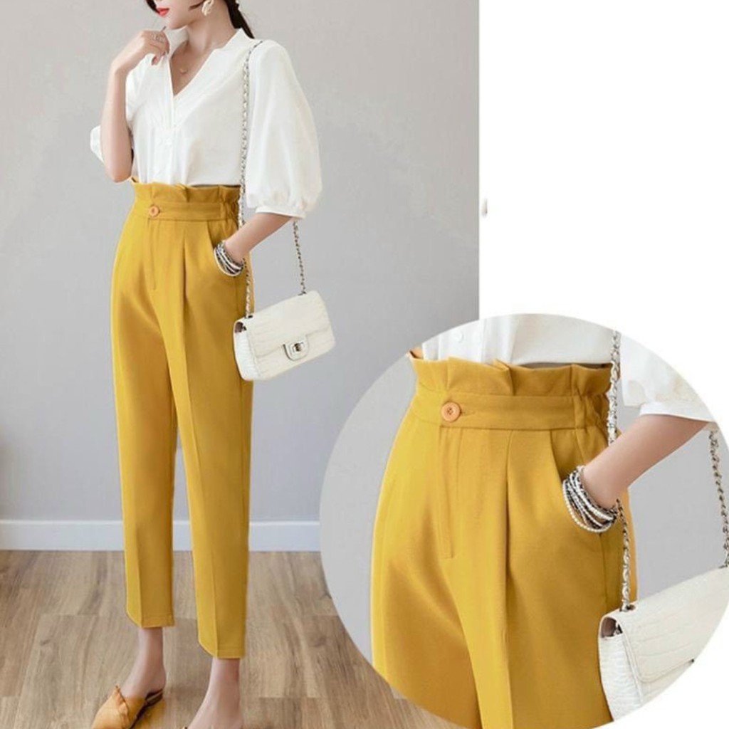 Quần baggy nữ cạp cao phối bèo chất tuyết mưa co giãn nhẹ hàng đẹp fom chuẩn phù hợp từ 40kg đén 62kg