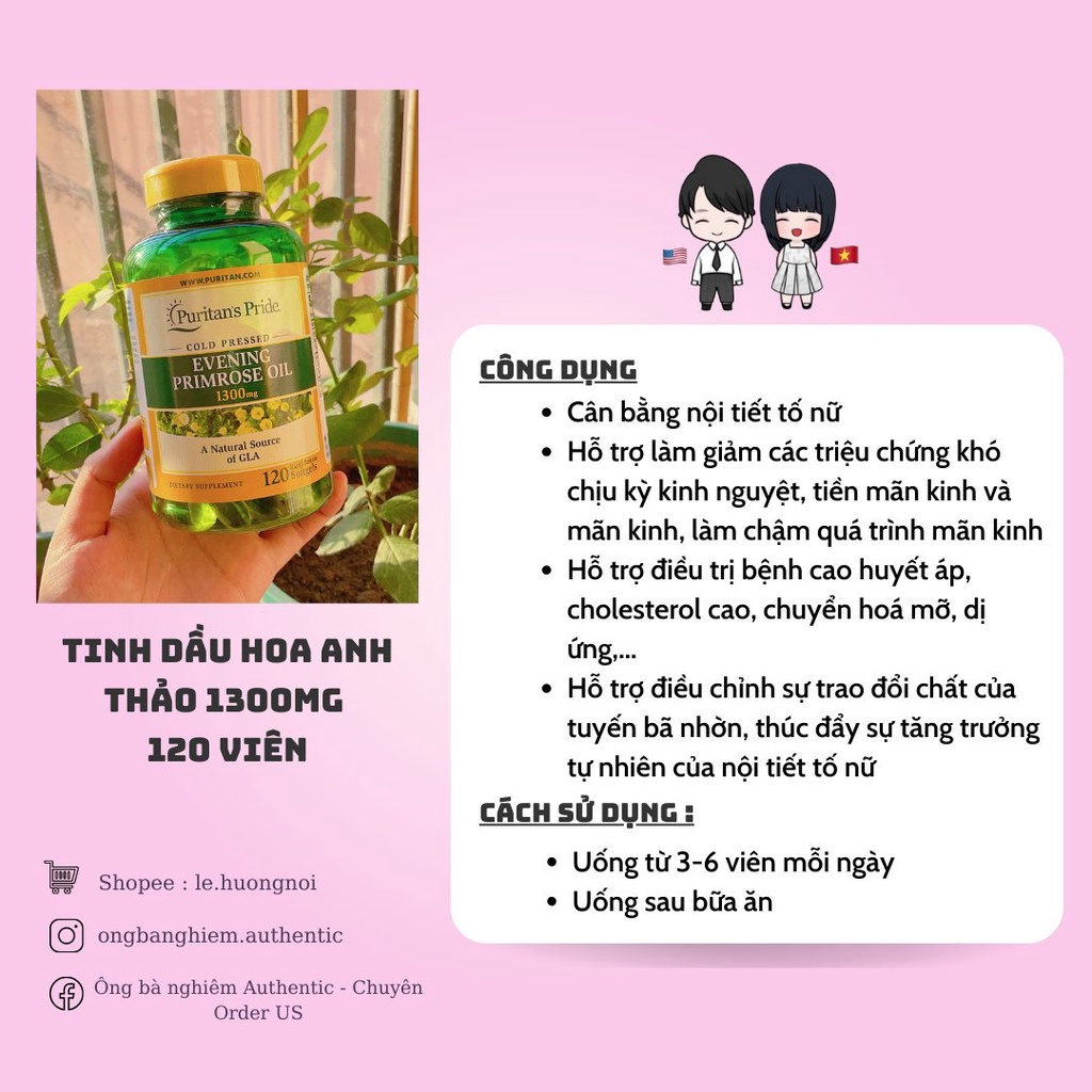 Tinh dầu hoa anh thảo Evening Primrose Oil 1300mg Puritan’s Pride