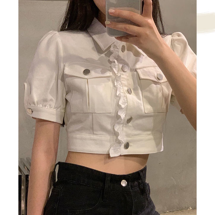 [F &amp; X] Áo Khoác Denim Tay Ngắn Dáng Ôm Viền Ren Thời Trang Mùa Hè Mới Cho Nữ