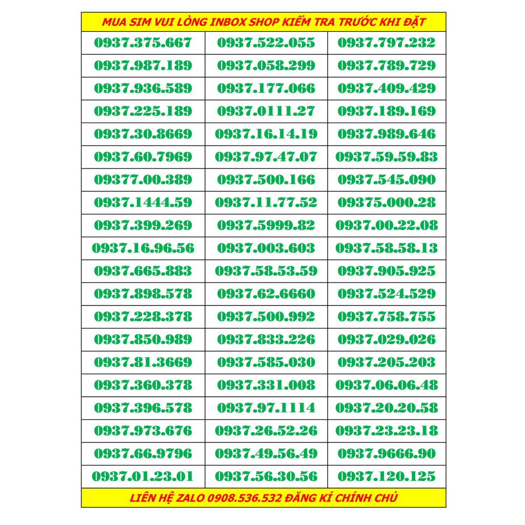 Sim số đẹp mobifone đầu 0937 - sim số dễ nhớ