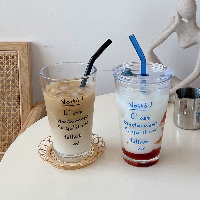 Cốc Thủy Tinh Uống Nước Kèm Ống Hút Phong Cách Pháp Lãng Mạn