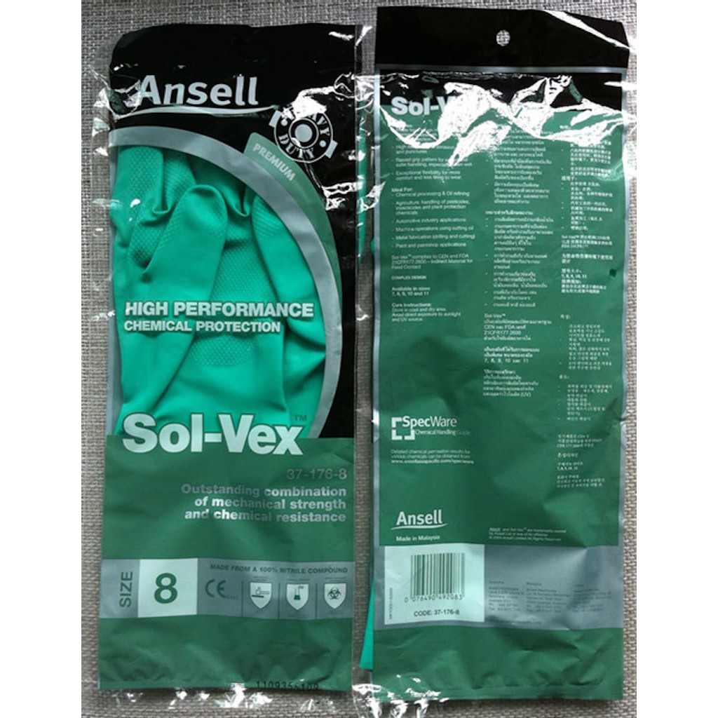 Găng tay chống hóa chất Ansell 37-176, cấu tạo nitrile, bao tay chống dầu nhớt, chống nước, thoáng khí, công nghiệp