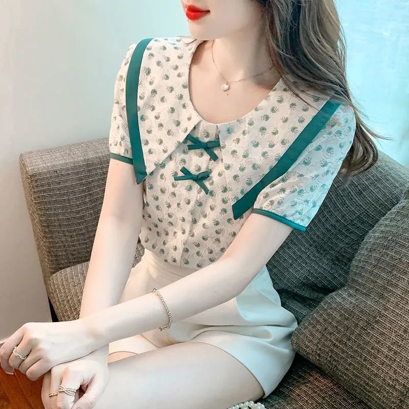 Áo Sơ Mi chiffon Tay Ngắn Dáng Rộng Thắt Nơ Thời Trang Mùa Hè Cho Nữ