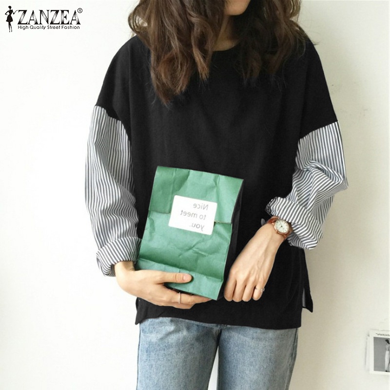 Áo kiểu ZANZEA dáng rộng tay dài ghép nối kẻ sọc thời trang thông thường dành cho nữ