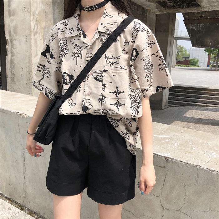 COZOK Áo Sơ Mi Ngắn Tay Cổ Bẻ Form Rộng Phong Cách retro Hàn Quốc