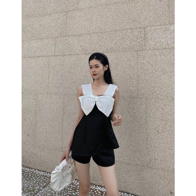 SET ÁO ĐEN PHỐI NƠ NGỰC + QUẦN SHORT ĐEN