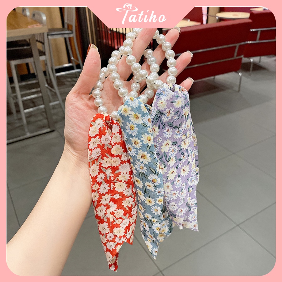 Cột Tóc, Ruy Băng Turban Chất Voan Họa Tiết Hoa Nhí Dây Chuỗi Phối Nơ Tiểu Thư Phong Cách Hàn Quốc - Tatiho - Mã SC016