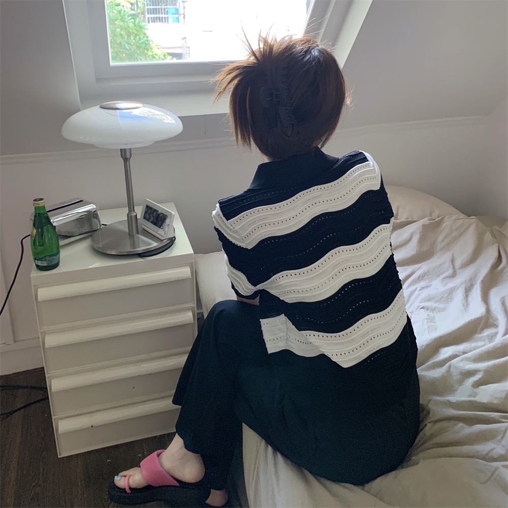 Áo thun ZHELIHANGFEI dệt kim cổ polo tay ngắn dáng rộng kẻ sọc ngang màu sắc tương phản cá tính