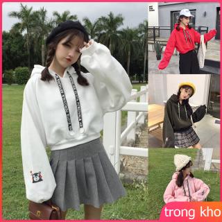 Áo hoodie oversize mùa đông dáng suông dày dặn có dây rút in họa tiết gấu Kumamon cho nữ