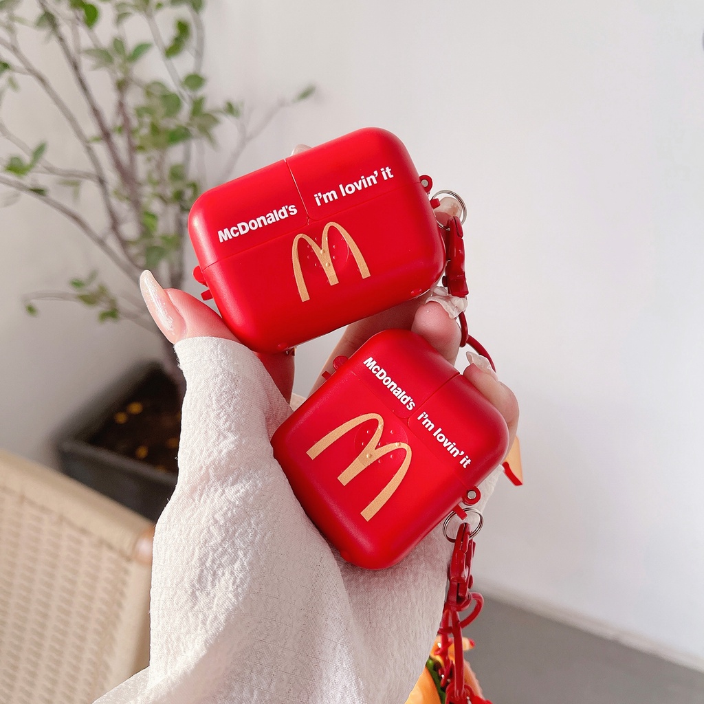 Vỏ Bảo Vệ Hộp Sạc Tai Nghe Bluetooth AirPods 1 2 pro 3 2021 gen3 Bằng PC Cứng Gắn Móc Khóa Hình Mcdonald 'S Màu Đỏ Sáng Tạo
