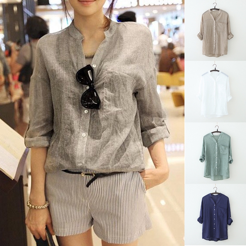 Áo sơ mi vải lanh Cotton dáng rộng phối hàng nút kiểu Hàn Quốc xinh xắn cho nữ