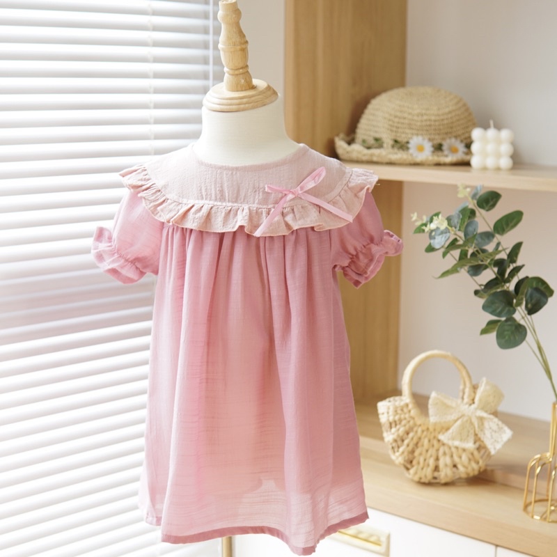 Đồ bé gái, đầm vintage cho bé gái màu hồng đất phối cổ bèo - TRASUAOI D016