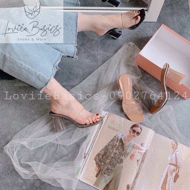 LOVIIE BASICS - DÉP QUAI TRONG - DÉP CAO GÓT 7CM THỜI TRANG  - DÉP CAO GÓT QUAI NGANG MICA - GUỐC NỮ GÓT TRONG- D0757