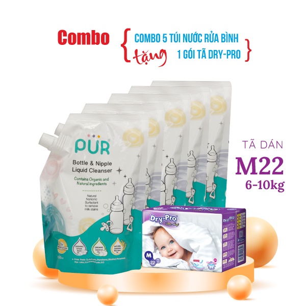 Combo 5 gói nước rửa bình sữa và núm ti Pur (gói 450ml) + Tặng 1 gói tã bỉm cho bé