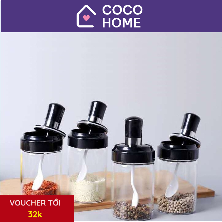 Combo 5 Hũ thủy tinh 250ml đựng gia vị có thìa thông minh Coco Home. Hũ đựng gia vị thủy tinh có thìa thông minh