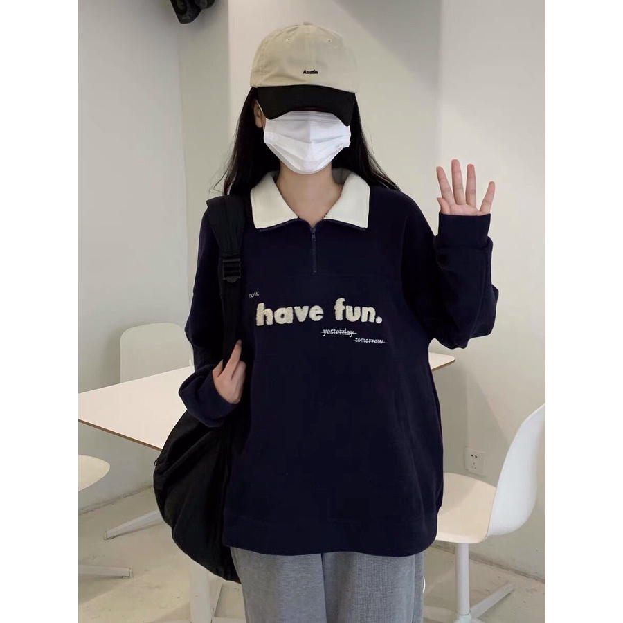Áo Nỉ Polo Nam Nữ Have Fun [FREESHIP] ♥ Sweater form rộng tay bồng, hoodie zip khóa kéo phối cổ trắng cá tính Ulzzang ♥ | BigBuy360 - bigbuy360.vn