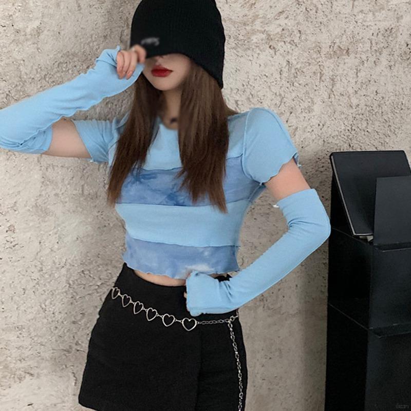 Áo Croptop Tay Dài Cổ Tròn Thiết Kế Dây Quấn Chéo Phong Cách Hàn Quốc