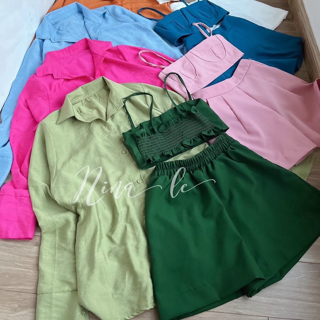 Set Bộ 3 Món Áo Lụa Quần Ngắn Kèm Khoác Sơ Mi Form Rộng