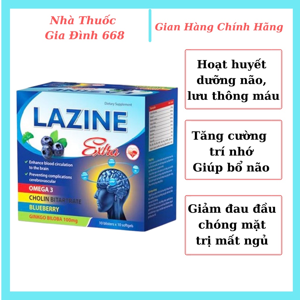 Hoạt huyết dưỡng não Lazine Extra, bổ não, làm giảm mất ngủ đau đầu chóng mặt, lưu thông máu não