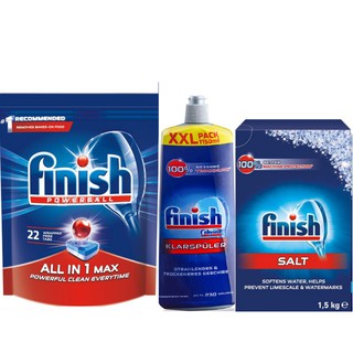 Combo Muối rửa bát Finish 1.5kg + Nước làm bóng 1150ml + Viên rửa bát 22 viên