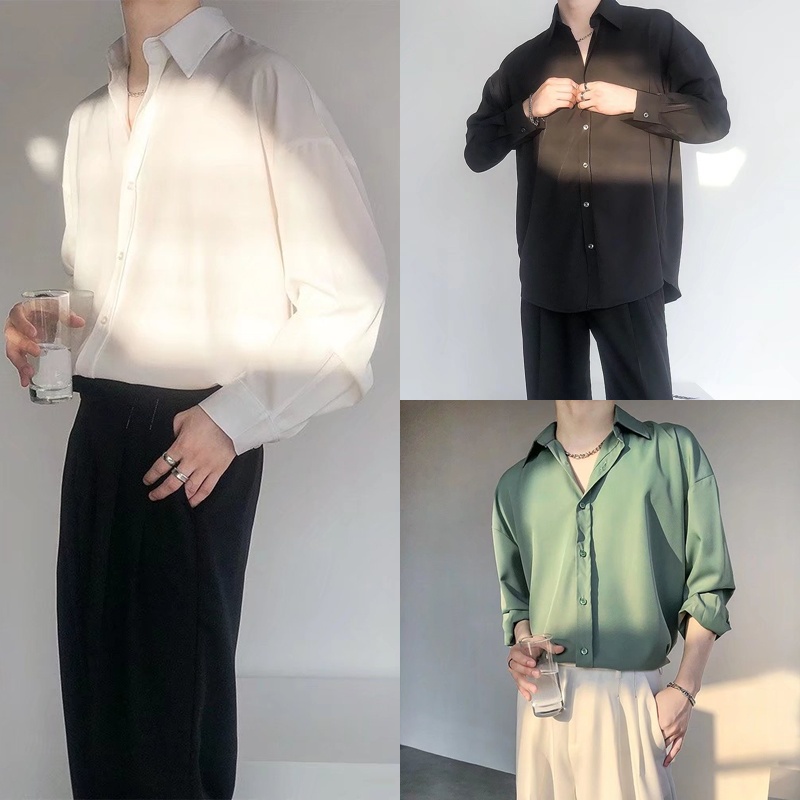 Áo Sơ Mi Tay Dài Dáng Rộng Màu Sắc Đơn Giản Dễ Phối Đồ Thời Trang Mùa Hè Cho Nam Size M-3XL