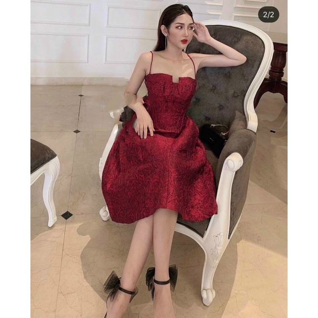 Đầm 2 Dây Gấm Đỏ Cúp Ngực Xoè