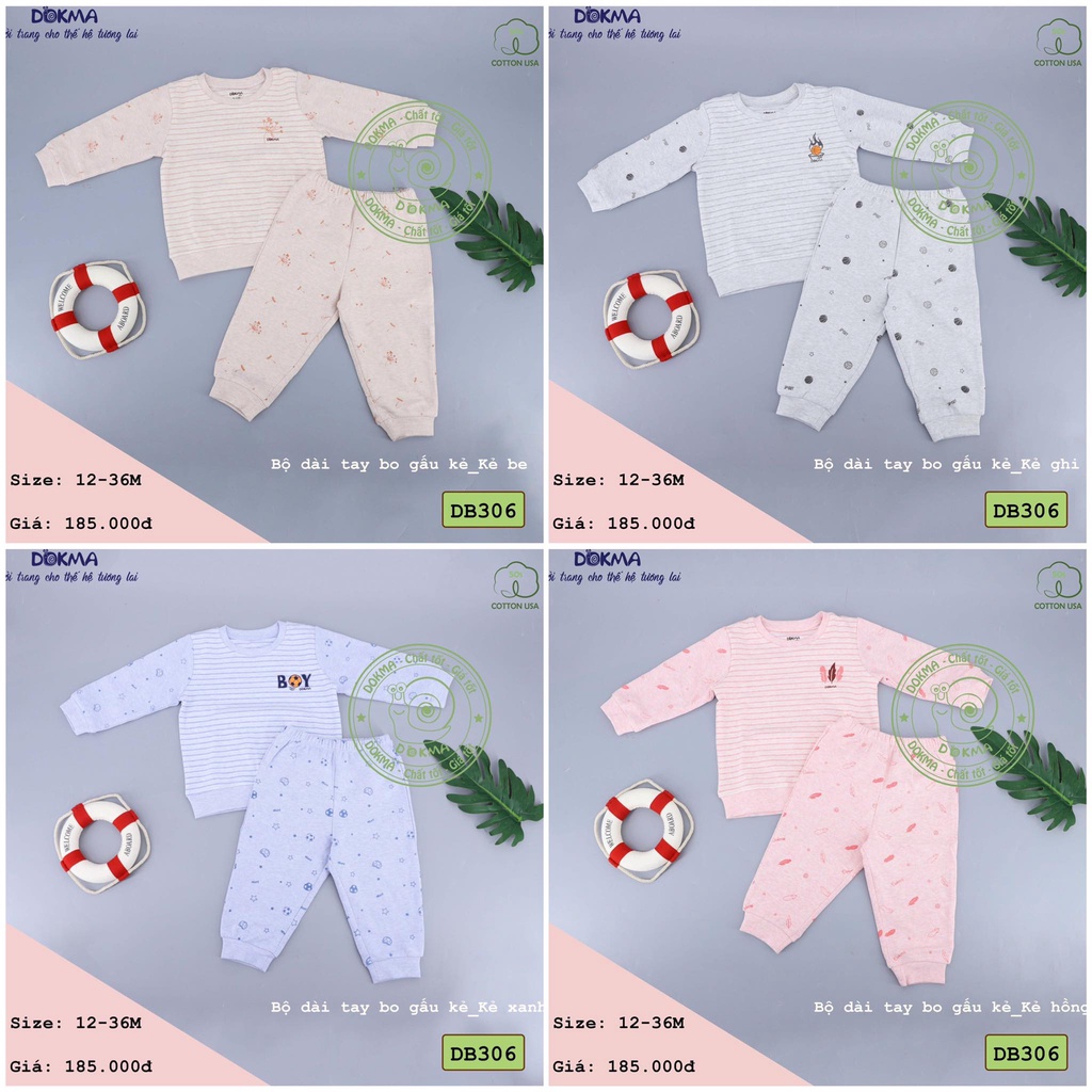 [Chính Hãng] Bộ dài tay nỉ cotton bo gấu kẻ họa tiết trẻ em DB306 Dokma