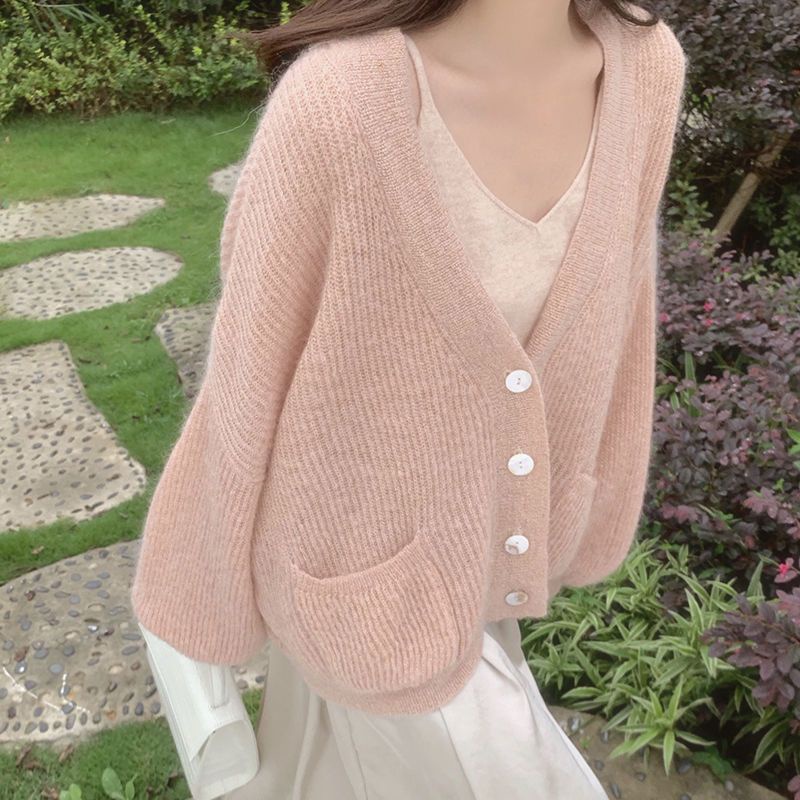 Áo Khoác Cardigan Len Cổ V Dáng Rộng Màu Sắc Đơn Giản Thời Trang Thu Đông Hàn Quốc 2023 Cho Nữ110013