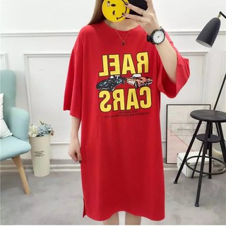 Đầm dạo phố kiểu dáng váy suông xẻ thân,họa tiết chữ cổ tròn tay lỡ