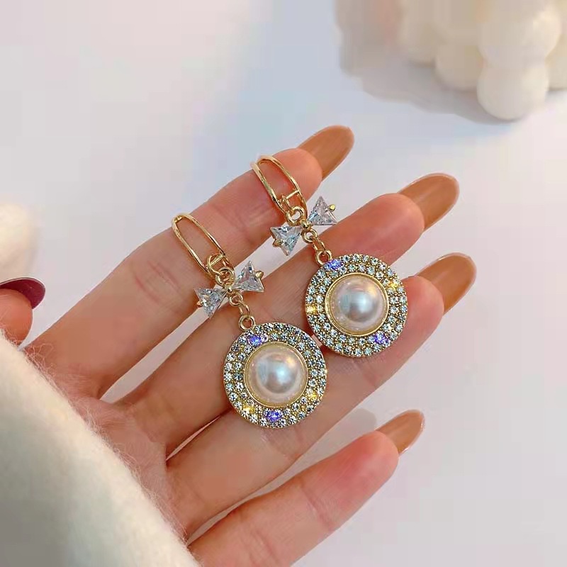 Khuyên Tai Bạc S925 Hình Nơ Đính Đá Và Ngọc Trai Sang Trọng Cổ Điển