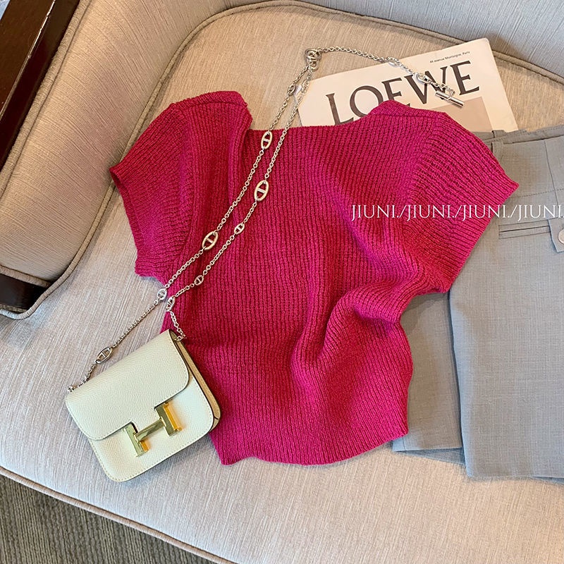 Jiashucheng Áo Sweater Tay Ngắn Cổ Vuông Dáng Ôm Màu Đỏ Hồng Thuần Khiết Phong Cách Mới Mùa Hè Dành Cho Bạn Nữ