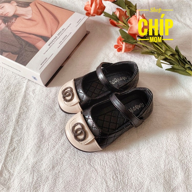 giày búp bê bé gái giày bệt bít mũi cho bé da mềm có quai ngang dán chống trượt QCCC full hộp đen trắng từ 1 tuối YNK667