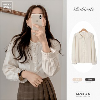 Áo sơ mi nữ MORAN dài tay cổ bẻ tròn phối ren búp bê điệu đà tiểu thư style Hàn Quốc