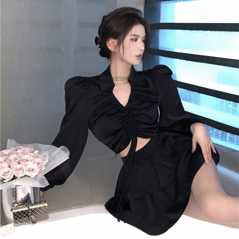 Áo Croptop Cổ v Phối Dây Rút Thời Trang Mùa Thu Quyến Rũ Cho Nữ