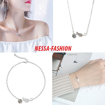 Bộ Trang Sức Bạc S925 Italy - 2 Món Dây Chuyền, Lắc Tay Mèo Cười Mặt Trăng Đặc Biệt - Vòng Cổ, Vòng Tay, BTSB12
