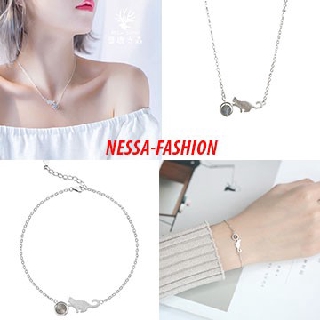 Bộ Trang Sức Bạc S925 Italy - 2 Món Dây Chuyền, Lắc Tay Mèo Cười Mặt Trăng Đặc Biệt - Vòng Cổ, Vòng Tay, BTSB12