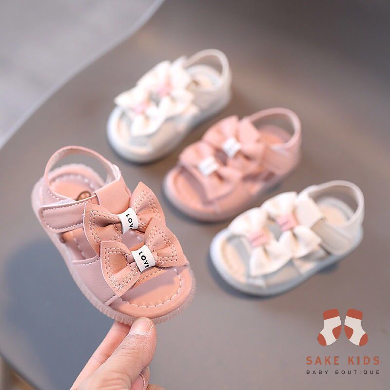 Giày sandal tập đi trẻ em - Dép rọ 2 Nơ đáng yêu có quai dán chất da êm mềm nhẹ có đế chống trơn trượt cho bé gái B01