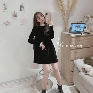 VÁY NHUNG BÈO CỔ CAO MÀU ĐEN