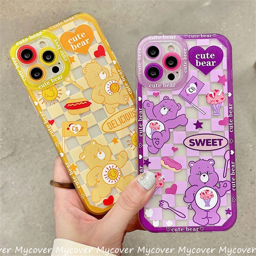 Ốp Điện Thoại Silicon Kẻ Sọc Caro In Hình Gấu Hoạt Hình Cho iPhone 11 12 13 14 Pro Max X Xr Xs 8 7 6 Plus SE 2020