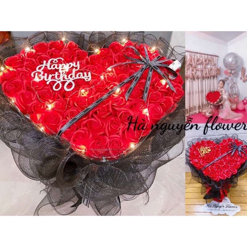 [Hoa sáp thơm - quà 14/2]_ Bó hoa hồng sáp  75 bông kết hợp lưới siêu sang tặng kèm đèn nháy và full toping