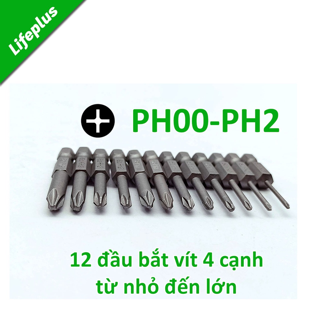 Bộ 12 đầu bắt vít 4 cạnh chuôi lục thép S2 PH00 - PH2 dài 50mm