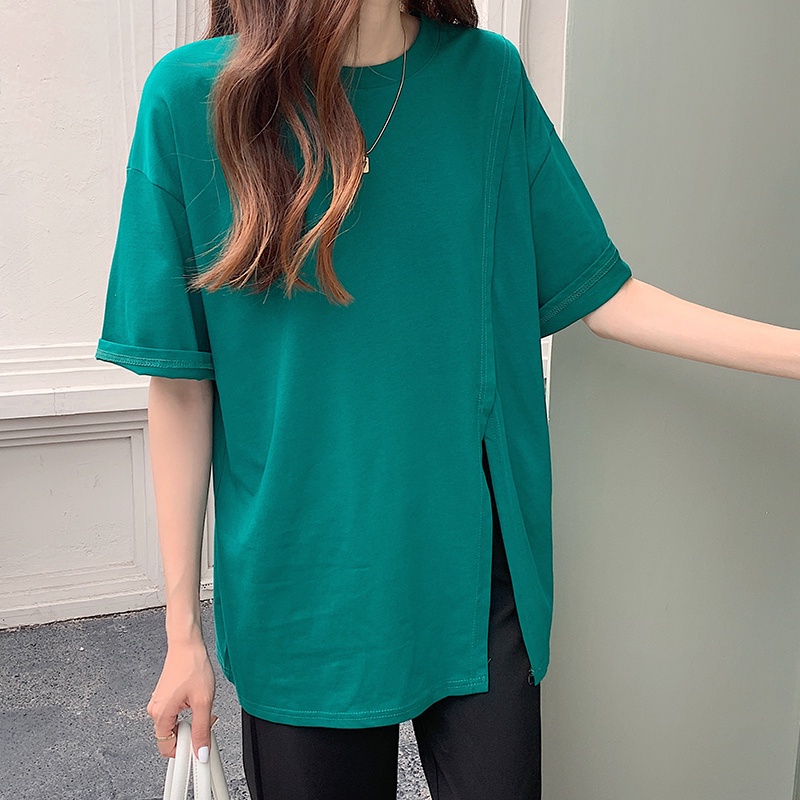SUXI Áo thun nữ tay ngắn dáng rộng màu trơn thời trang mùa hè
