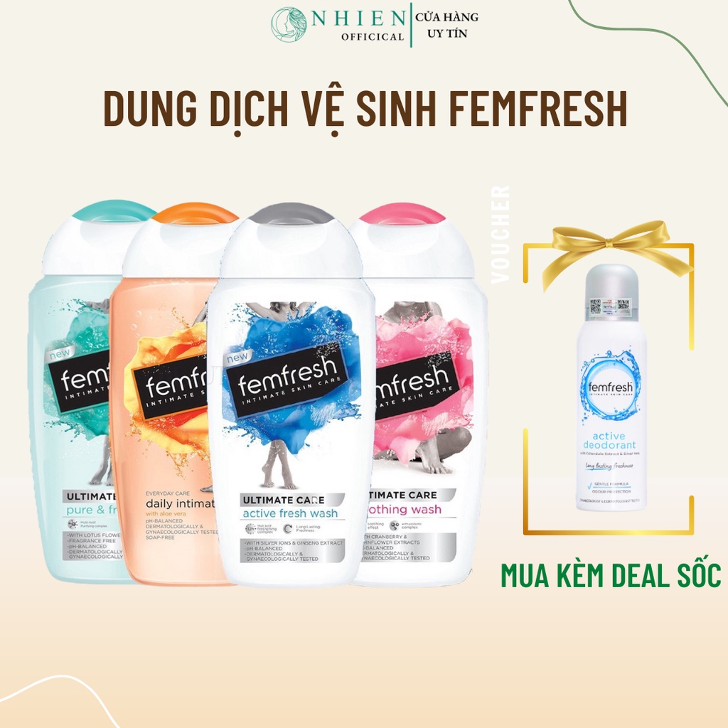 Dung dịch vệ sinh phụ nữ Femfresh làm sạch vùng kín, hỗ trợ ngừa nấm ngứa, viêm nhiễm, sạch thơm suốt ngày dài.