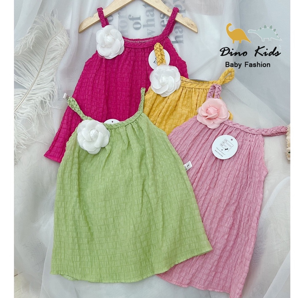 Váy 2 dây cổ yếm kèm hoa cho bé gái, váy maxi cổ tết hoa trà siêu xinh cho bé