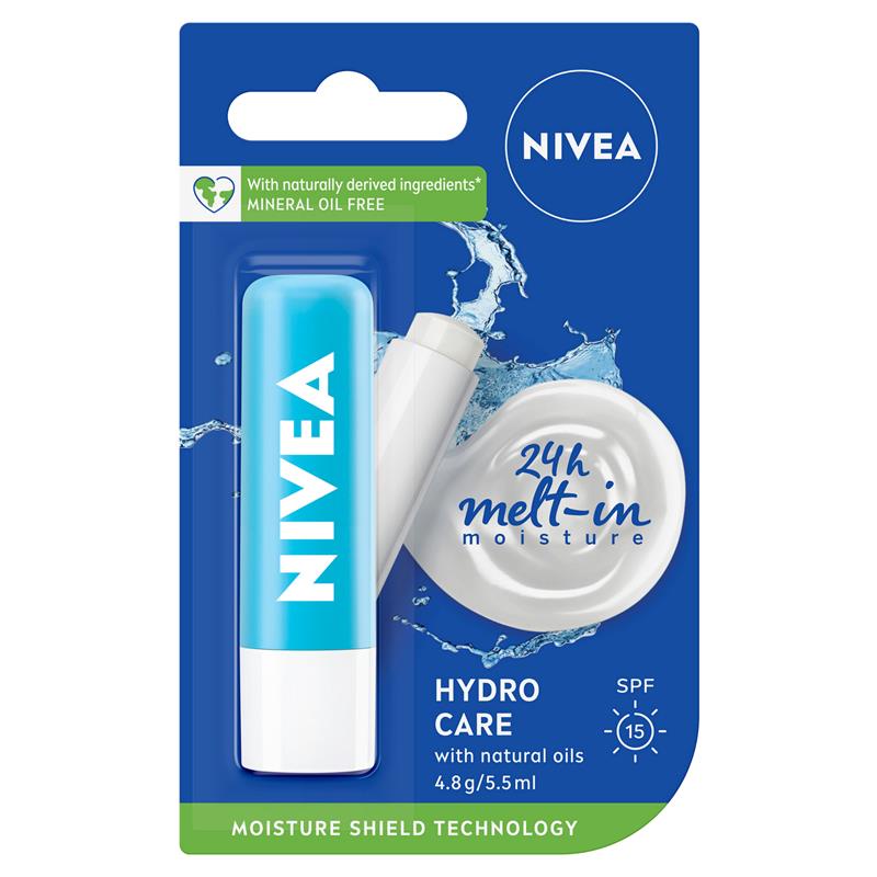 💄  Son dưỡng môi NIVEA Hydro Care Moisturising Lip Balm không màu dầu tự nhiên chống nắng SPF 15 4.8g 5.5ml