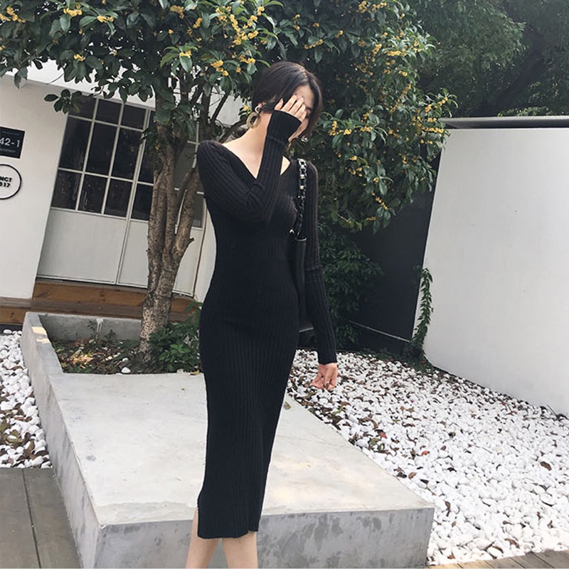 Đầm dệt kim dài vừa vặn phong cách retro cho nữ