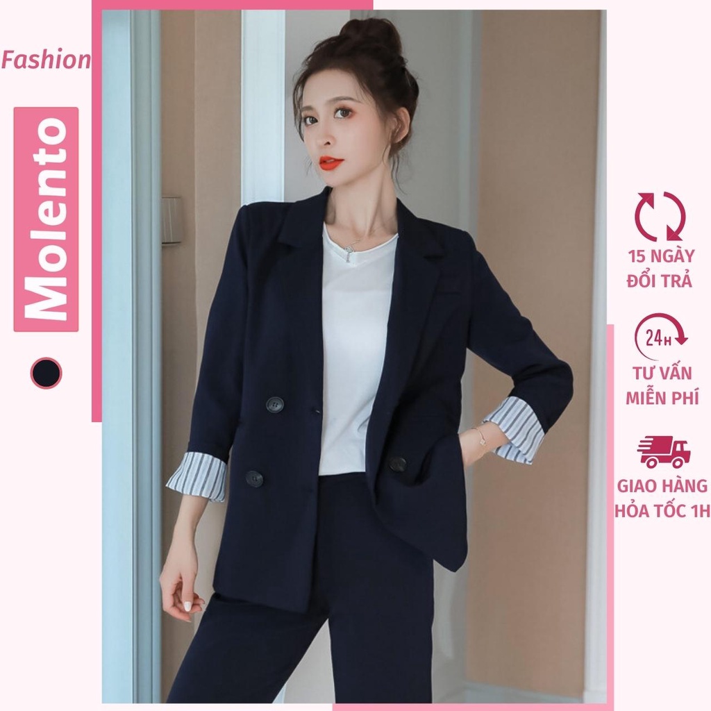 Áo Vest Nữ Blazer Khoác Ngoài 2 Lớp Dài Tay Cao Cấp Ulzzang Phong Cách Hàn Quốc Màu Đen Từ 42 Đến 60kg Molento M80