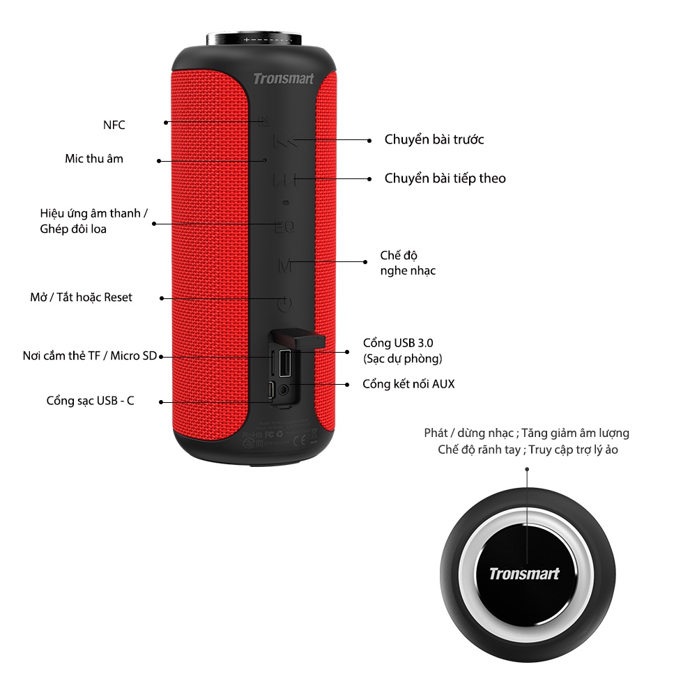 Loa Bluetooth 5.0 Tronsmart Element T6 Plus Upgraded + Túi Đựng Loa,  Âm Thanh Vòm 360 Độ, Bass Sâu - Hàng Chính Hãng