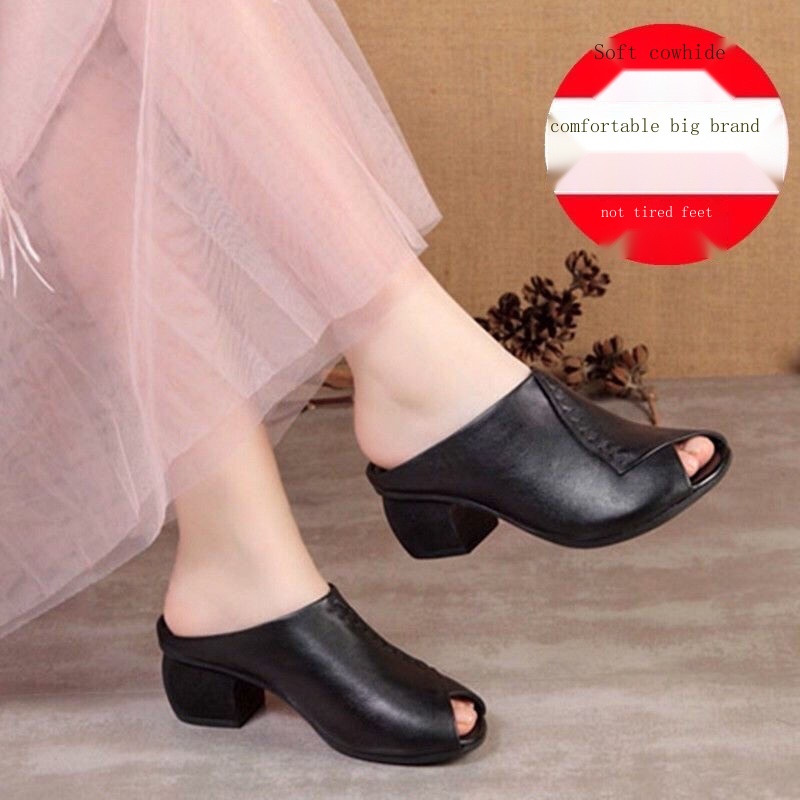 Dép Da Đế Dày Mềm Mại Hở Mũi Phong Cách Retro Thời Trang Cho Nữ